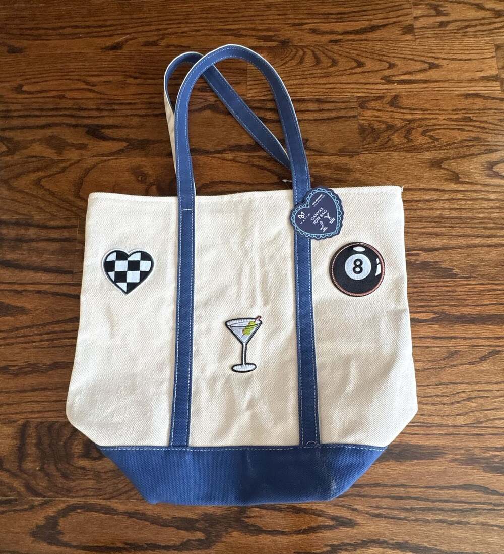 Mayim Canvas Tote Bag with Patches Blue and Off-White